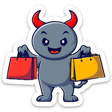 Devil character with shopping bags, excited about shopping sticker