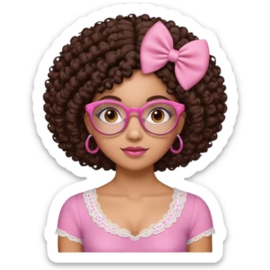 medium-light kinned afro-latina girl with medium length chocolate brown side part curly hair, small pink bow , with brown glasses, brown eyes, pink and white sweetheart necklined top with lace, round wide-ish nose, ob-long face sticker