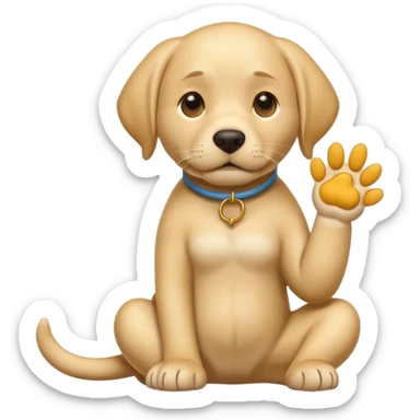 yellow labrador full body doing thinking emoji gesture with paw on chin, emoji style sticker