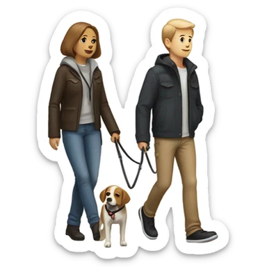 Two people walking in a dark street with dogs sticker