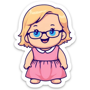 Blonde baby with blue eyes,  black glasses, pink dress giggling sticker