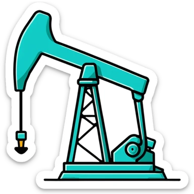 Oil pumpjack (nodding donkey), minimalist design with soft gradients in sky blue, teal green, white, and light gray sticker