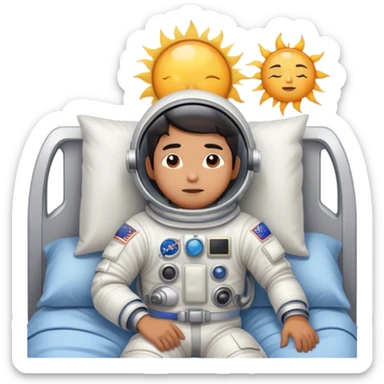 Asian man wearing in astronaut wakeup from the bed looking lazy with sun sticker