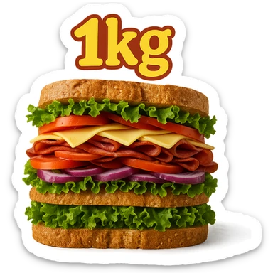 giant sandwich with '1kg' written in bold, playful font sticker