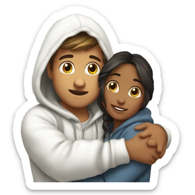 An emoji of a man wearing a white hoodie, standing next to his sister. He is hugging her warmly, showing a close sibling bond sticker