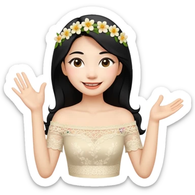 beautiful happy Thai woman with long straight black hair, fair skin, smiling gently while doing Thai greeting gesture (wai), wearing a cream lace off-shoulder blouse, hair decorated with flowers, pastel background, emoji style illustration sticker