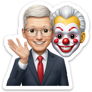 Realistic image of Tim Cook, Apple CEO, with a grin as he takes off a clown mask sticker