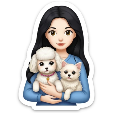 Lady with long black hair, holding 2 animals -a Ragdoll cat and a small poodle dog sticker