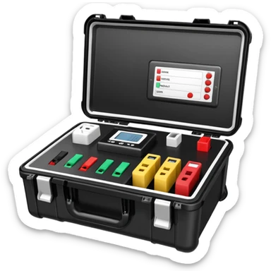 An open black hard-shell test case, inside: technical control panel, a power outlet, USB port, and colored test sockets. A large roll of white test labels lies next to the equipment, along with one red test probe. sticker