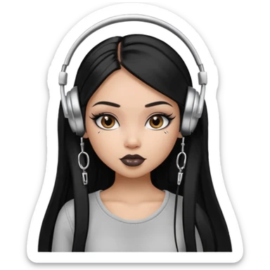 generate a pretty bratz girl with black long straight hair and silver headphones on, brown lipstick tattoo on shoulder, eyeliner on, silver hoops sticker