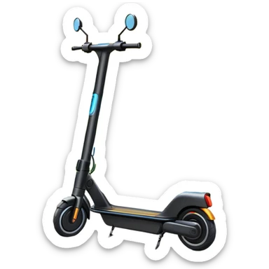 An icon featuring a sleek electric scooter parked on a scenic path. The background showcases a vibrant city park with green trees, flowers, and a clear blue sky. The sun sets in the distance, casting a warm golden glow on the landscape. Transparent background. sticker