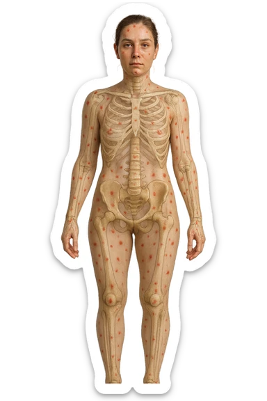 donna realistica a figura intera con red spot sparsi alle ossa, ossa del corpo visibili sul corpo, non sul volto iperrealistico 4k sticker