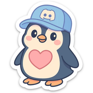 cute penguin with an oversized Discord cap and a big pink heart on its chest in pastel-toon style sticker