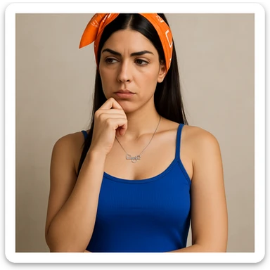 Create a hyperrealistic 4K image of a thoughtful woman, almost full figure, with her hand under her chin, inspired by the reference image. She has a reflective expression and a neutral background. This is variant 2 with a slightly changed hand position. sticker