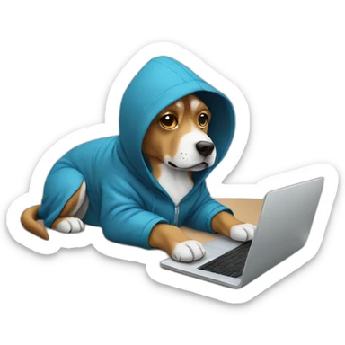 Sideways Dog with hoodie programming with paws on a laptop sticker