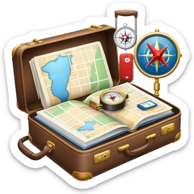 An icon featuring a suitcase, hotel building, symbolizing the scientific study of tourism and hospitality. The design includes a map, a compass, and a checklist, representing travel planning and service management. Transparent background highlights the academic exploration of the tourism industry. sticker