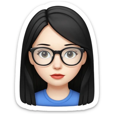abg girl with pale skin no bang,long black straight hair and a glasses sticker