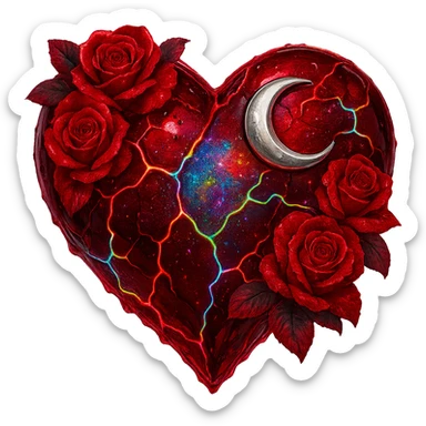 Edit the gothic heart to have cracked deep red glass, silver crescent moon, red roses, shimmering holographic stardust, neon lightning accents, and a glossy wet appearance. Keep the background transparent. The style should maintain the gothic heart's original look with transparent background. sticker