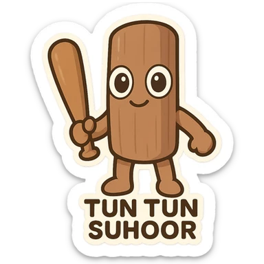 Tun Tun Suhoor, viral Italian brainrot meme character as a chibi emoji, full wooden stick body with smooth brown texture, large wide cartoon eyes directly on the wood, small smiling mouth, human-like arms and legs attached to the stick, holding a wooden bat, funny, uncanny, absurd meme vibe, no text sticker