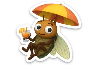 EMOJI STILE IPHONE 3D DI UNA CICALA CHE STA RILASSATA SEDUTA SOTTO L'OMBRELLONE IN SPIAGGIA CON UN COCKTAIL IN MANO, FAGLI GLI OCCHI CON LA PARTE BIANCA, NON SOLO LA PUPILLA sticker