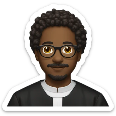 young black catholic priest beard, curly hair, with rounded glasses and clerygman sticker