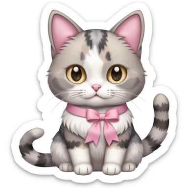Sitting Dilute grey calico cat with pink ribbon sticker
