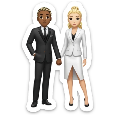 Black guy with cornrows in a suit with white girl with blonde hair and a fancy dress posing for a fashion show sticker