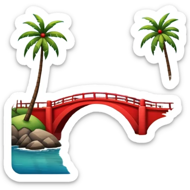  island with modern buildings, beaches with palm trees, and a red bridge on one side sticker