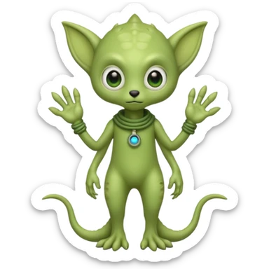 full body cute roughly humanoid peacefull alien furry with 2 legs and eye stalks stands upright and looks intelligent ...wears clothing. not green..looks happy and cudly... has 3 eyes...the alien has 3 eyes....it has an extra eye on a stalk sticker