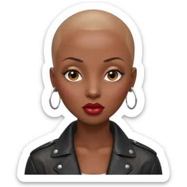 Gorgeous woman shiny , shaved her head black hair no eyebrows leather jacket Alluring black woman wide nose bald head big glossy lips sticker