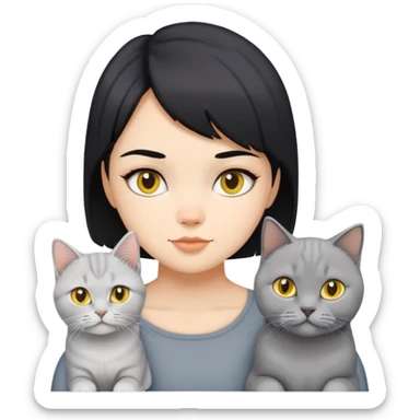 A black short hair girl,  with four cat , grey British Shorthair, yellow British Longhair, White Longhair, white British longhair.  sticker