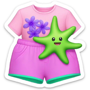 coral pink starfish with neon green shorts that have purple flowers  sticker
