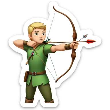 A skilled archer, resembling Robin Hood, drawing a bow and releasing an arrow towards a target. The scene captures the perfect moment of release, with the bowstring taut and the arrow flying toward the bullseye, set in a forest or archery range background. sticker