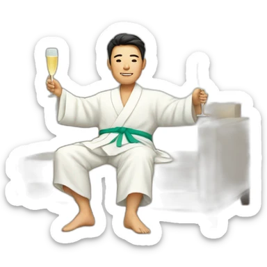 A Korean man in a bathrobe on the sofa with a glass of champagne sticker
