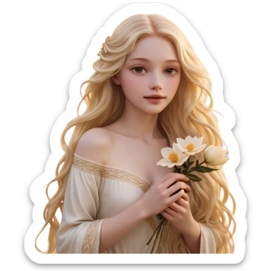 Cinematic Realistic Rapunzel Portrait, with porcelain-like skin featuring a subtle, natural glow, illuminated by soft lighting that brings out the gentle contours of her face. Her long, golden blonde hair cascades in detailed waves, each strand highlighted with a radiant shimmer as it catches the light. She playfully holds a flower in one hand, her other hand resting casually in her lap, with a warm and spirited expression. Her bright, expressive green eyes exude curiosity and warmth, framed by delicate lashes and soft, arched brows. She is dressed in her classic lavender and pink gown, the fabric textured with delicate folds that flow naturally, catching the light with a soft, radiant glow. The portrait captures a luminous, enchanting aura, seamlessly blending realism with a whimsical, fairytale charm, evoking a timeless sense of beauty and magic. sticker