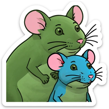 A male rat wearing blue and a female rat wearing pink. Both of them drinking milk from a bottle sticker