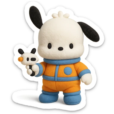 Pochacco holding a cute toy gun, white with black ears, wearing an orange and blue space suit, plushy Popmart doll style, playful and adorable sticker