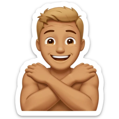 man crossing arms around his neck while laughing and tearing up sticker