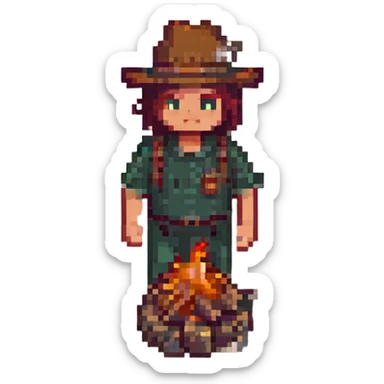 Minecraft-inspired pixel art Twitch overlay, showing a blocky character waiting by a campfire with pixelated "Starting Soon" text sticker