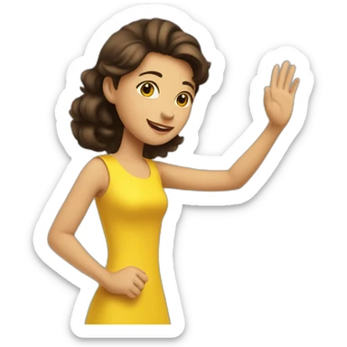 Brunette girl shake her hand for say hi! to someone. She is wearing a yellow dress sticker