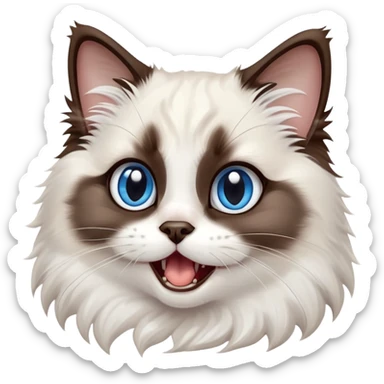 cinematic-adorable-big-eyed-fluffy-dark brown and white ragdoll-cat-portrait-emoji,-head-tilted-playfully-with-a-cute,-yawn,-soft-brown-and white-colored-fur-with-darker-points-on-the-ears,-simplified-yet-irresistibly-cute-features, sparkling blue eyes sticker