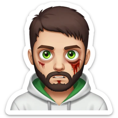 zombie making peace sign, undercut hairstyle with dark brown hair, short full beard, heterochromia with one green eye and one brown eye, wearing plain white hoodie sticker