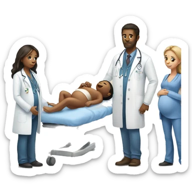 a pregnant woman gives birth and doctors stand nearby sticker