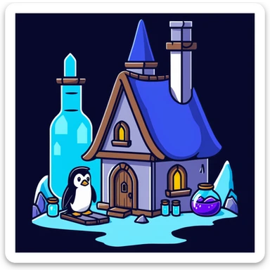 Cozy wizard's cottage for a penguin, ice cave with magical blue glow and potion bottles sticker