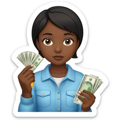 a young girl with dark skin and short black hair holding money and a glue stick in her hands sticker