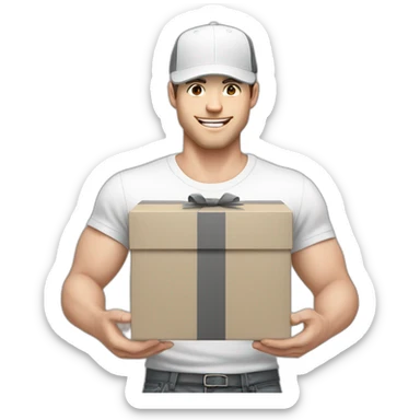 Pale skinned fit Man with dark brown hair in a white cap, gray jeans and dark gray polo T-shirt keeping a pasted with tape white box into his hands sticker