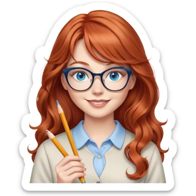 redheaded woman with very long wavy hair and bangs, blue eyes, clear cat-eye glasses, casual chic outfit, holding a pencil, smiling sticker
