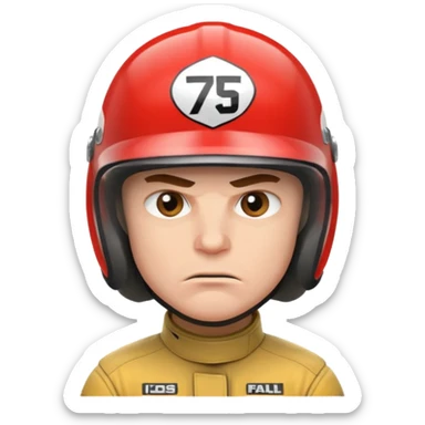 white male racer in helmet, crazy look, taking risks, very serious face, angry sticker