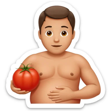 pregnant man with belly replaced by a tomato sticker
