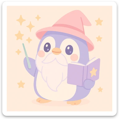 chubby penguin wizard casting a spell, with a long beard and a mystical book, charming and mystical sticker